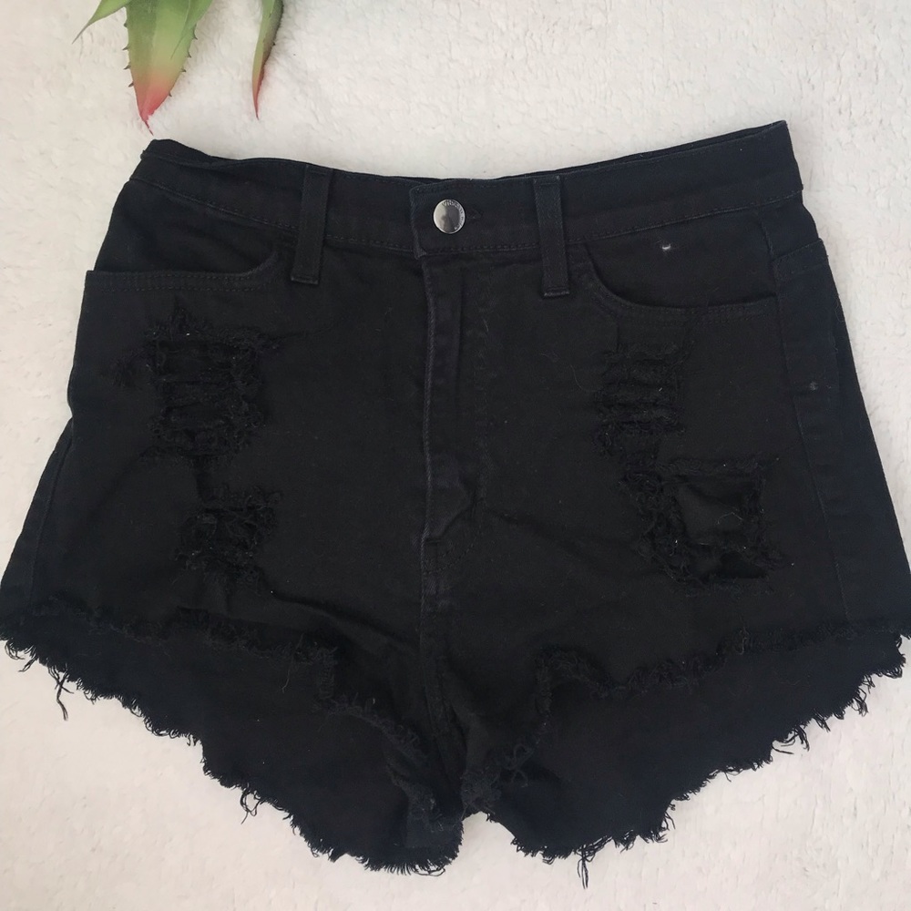 High waisted distressed denim shorts